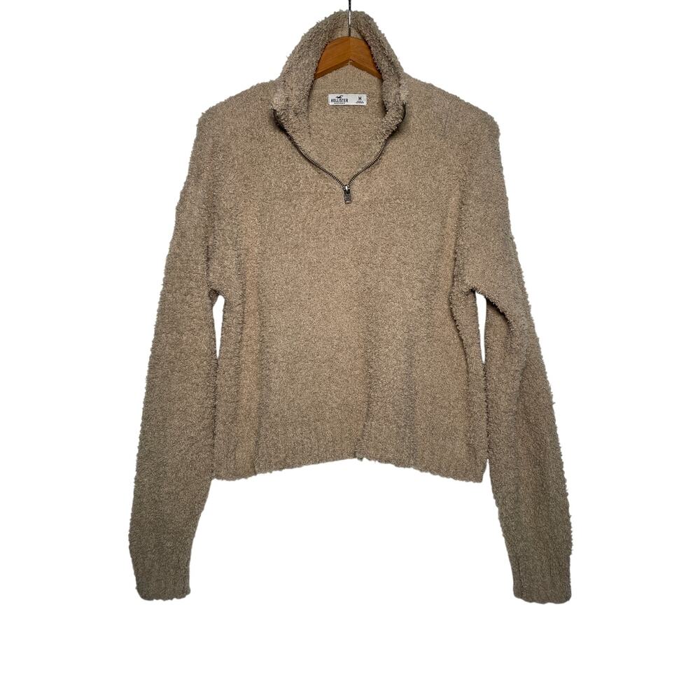 Hollister 1/4 Zip Sweater Women's Medium Beige High-Neck LS Soft Plush Cozy